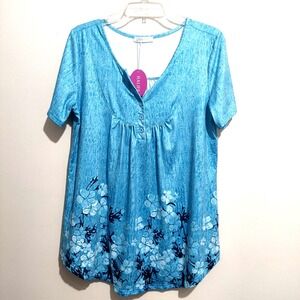 HALIFE Womens Large Popover Blouse Blue Floral Relaxed Soft Short Sleeve NEW